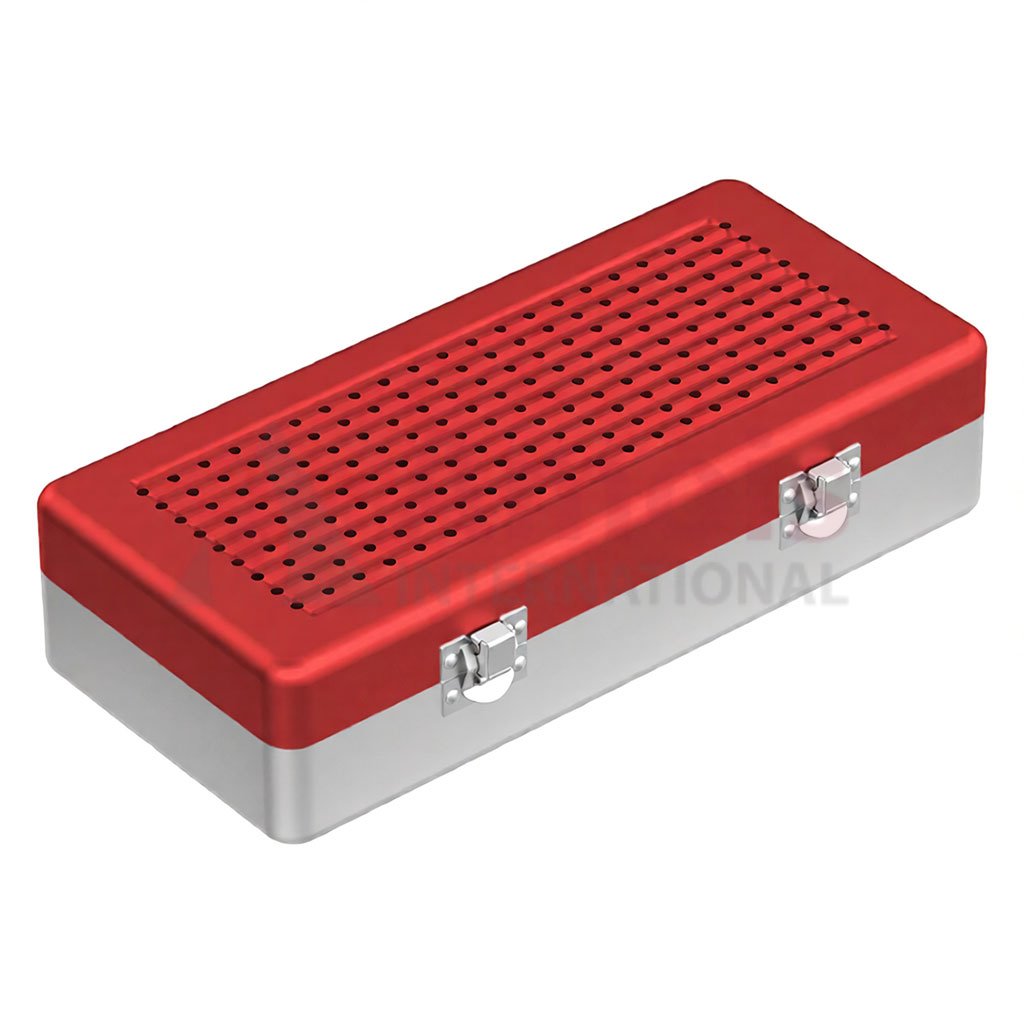Implant-Sterilization Container Red, outside 300x150x75mm Lid perforated - Bottom perforated