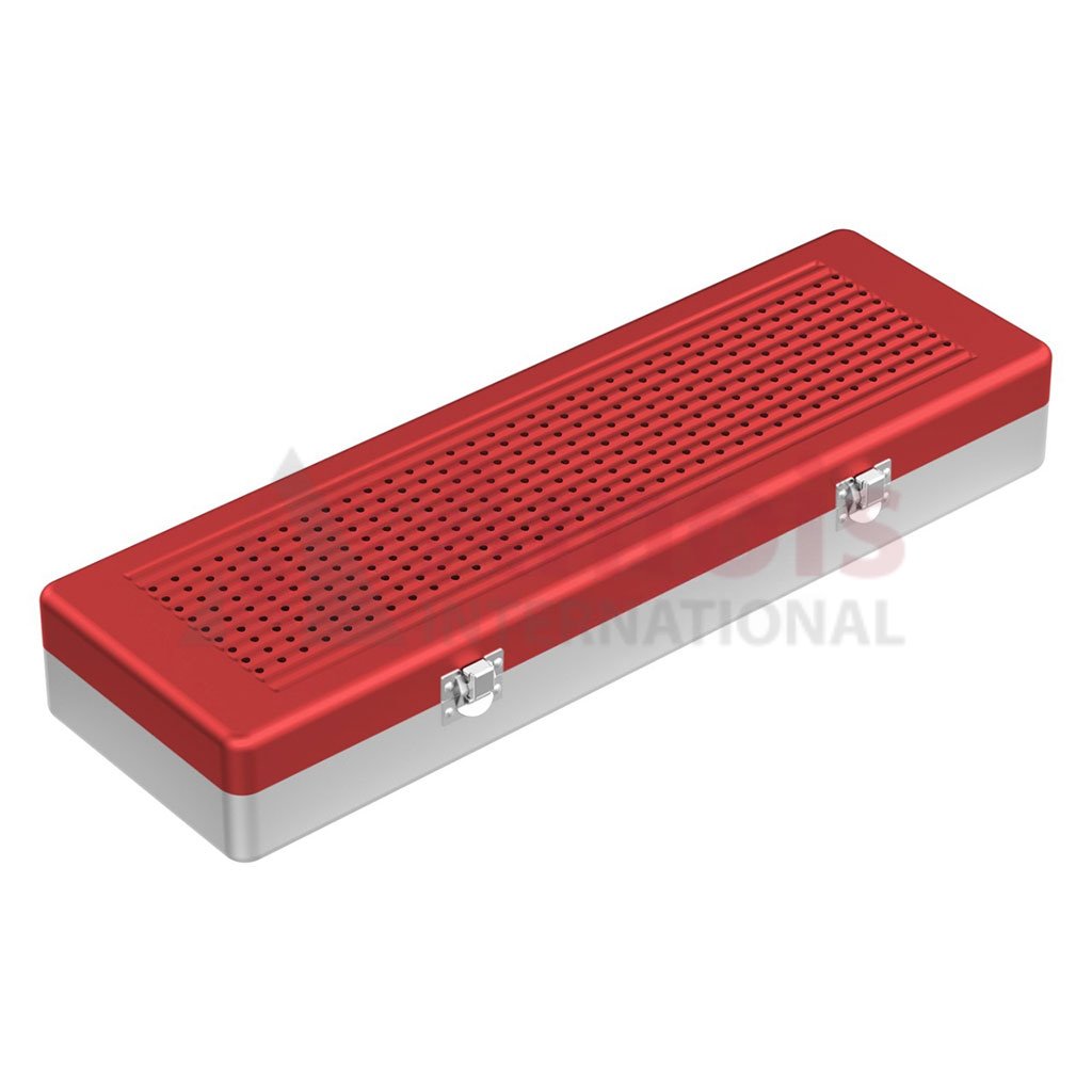 Implant-Sterilization Container Red, outside 500x170x75mm Lid perforated - Bottom perforated