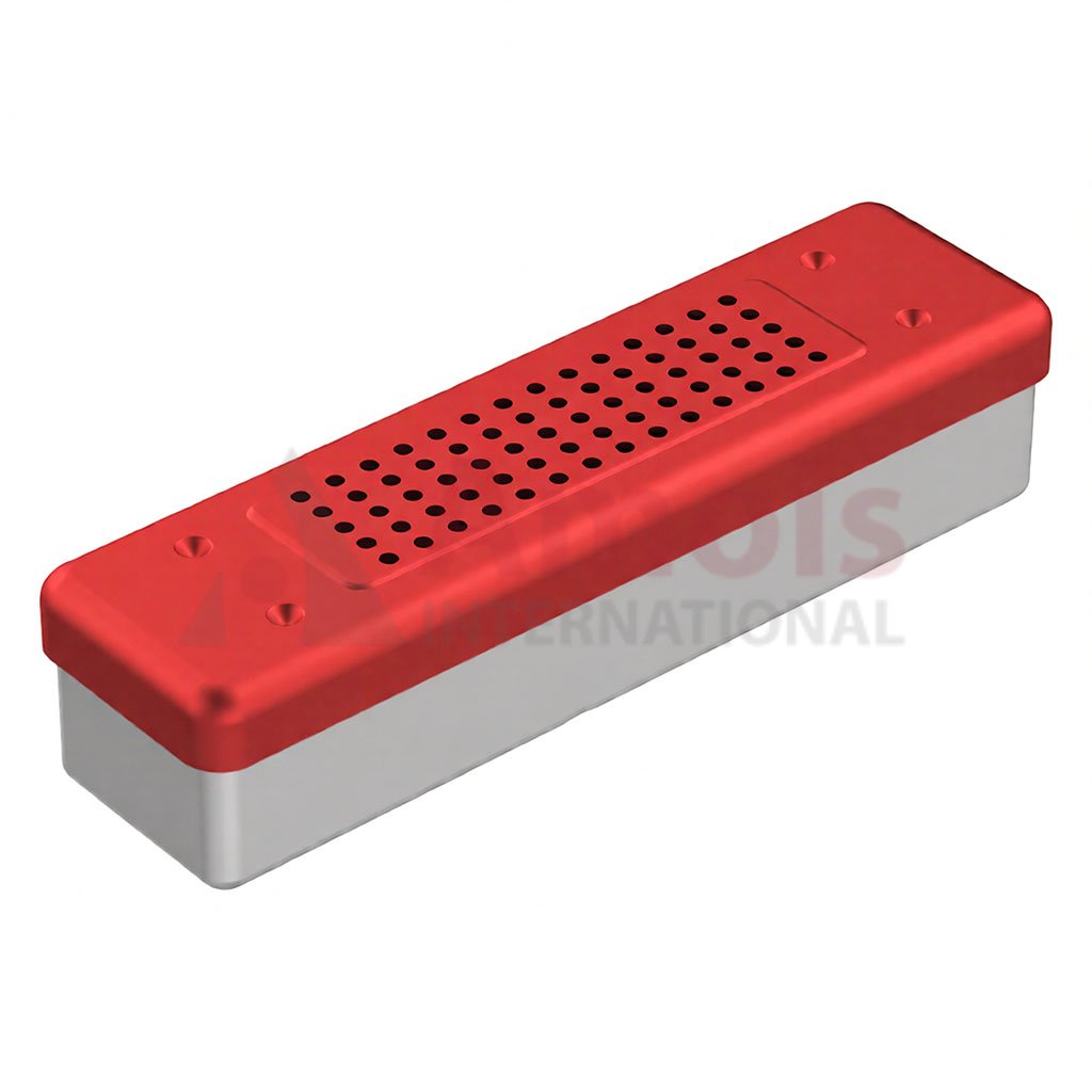 Scope-Sterilization Container Red, outside 260x70x60mm Lid perforated - Bottom perforated