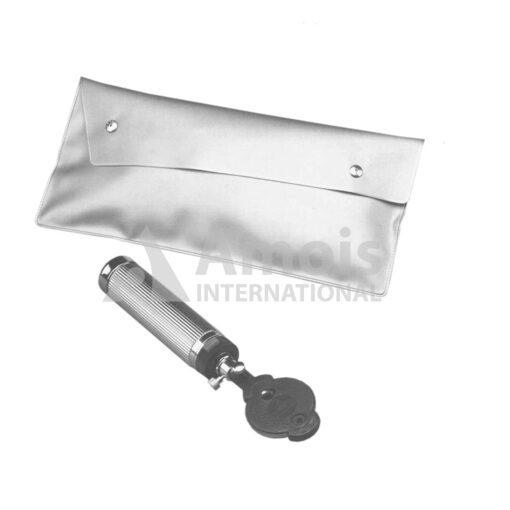 MAY Ophthalmoscope Plastic Pouch Battery Handle Type C With Rheostat Vacuum Lamp 2.7 V In A Silver-Coloured Plastic Case With Two Snap Fasteners.