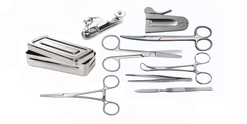 "Disposable male circumcision kit with sterile single-use surgical instruments including forceps, scissors, and needle holders arranged on tray"