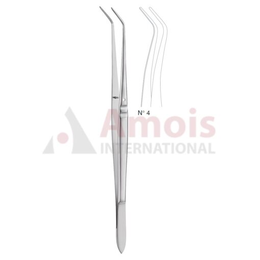 Flagg Dental Tweezer No. 4, 16cm (6 1/4"), Angled, Narrow, Smooth Handle With Recess