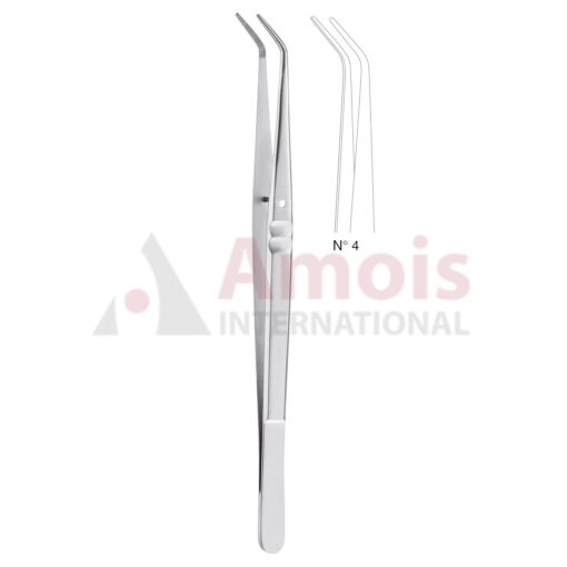 London-College Dental Tweezer No. 4, 15cm (6"), Angled, Smooth Handle With Recess