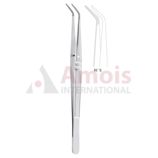 London-College Dental Tweezer No. 5, 15cm (6"), Angled, Smooth Handle With Recess