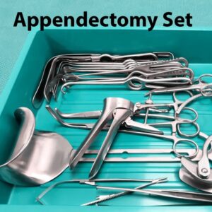 Appendectomy surgical instrument set including stainless steel forceps, scissors, clamps, retractors, and essential tools for appendix removal surgery.