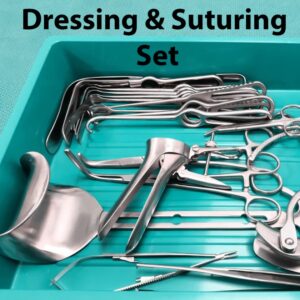 Dressing and suturing instrument set including needle holders, forceps, scissors, and essential tools for wound closure and postoperative care.