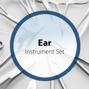 Ear instrument set for ENT surgery, including precision stainless steel forceps, speculums, and microsurgical tools for ear examination and procedures.