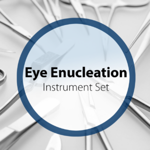 Eye enucleation instrument set for ophthalmic surgery, including precision stainless steel forceps, scissors, and retractors used in eye removal procedures.
