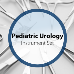 Pediatric urology instrument set including stainless steel forceps, retractors, and specialized instruments for pediatric urinary tract surgeries.