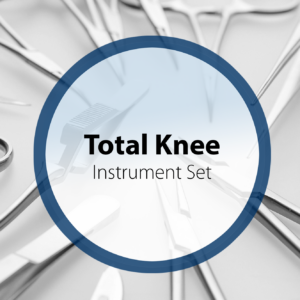 Total Knee instrument set including stainless steel retractors, forceps, osteotomes, and specialized tools for knee replacement surgery.